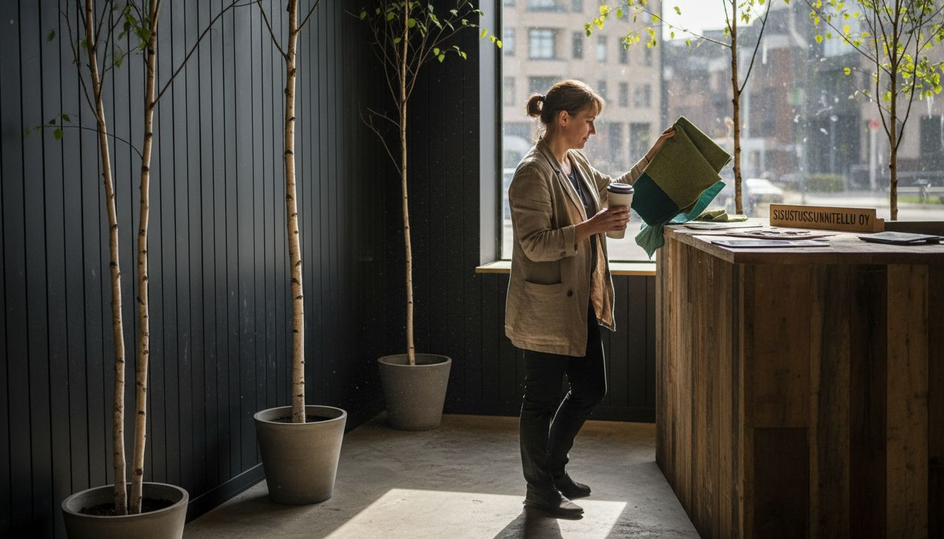 Sisustussuunnittelija tutustuu ravintolan ekologisiin sisustusmateriaaleihin ja arvioi niiden soveltuvuutta käytännössä.