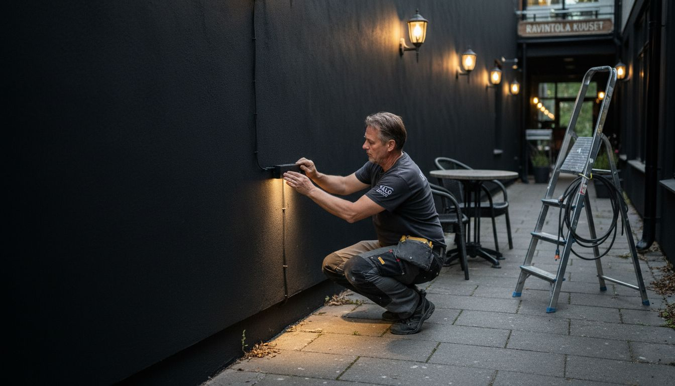 Valosuunnittelija säätämässä ulkotilan epäsuoraa valaistusta