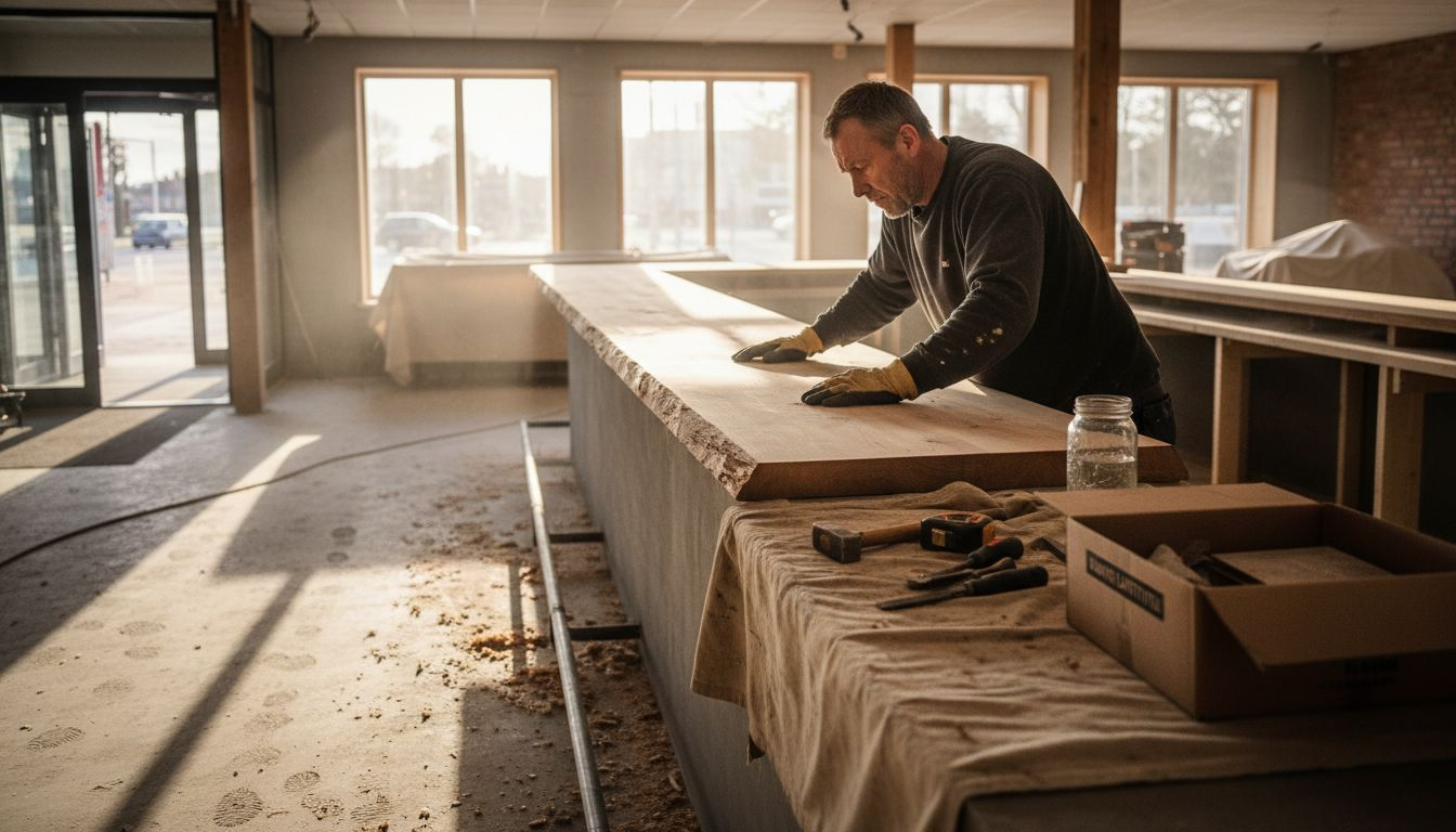 Rakentaja tarkastaa ravintolan puupintojen luonnollisia yksityiskohtia.