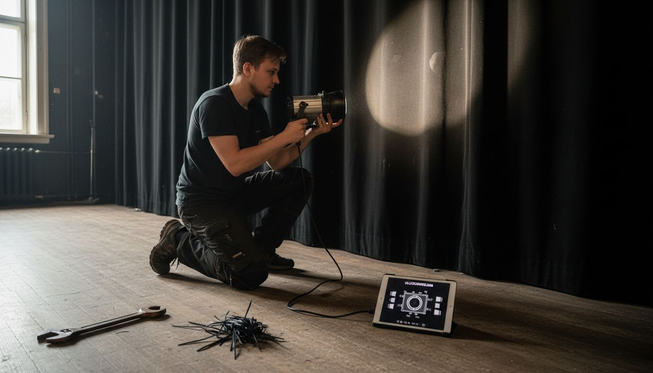 Lavastaja suuntaa spotin mustaan verhoon.