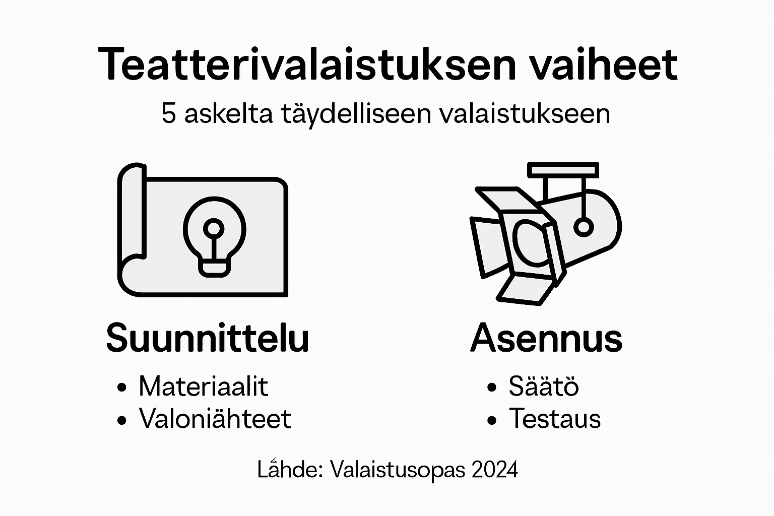 Kuvallinen esitys teatterin valaistuksen eri vaiheista