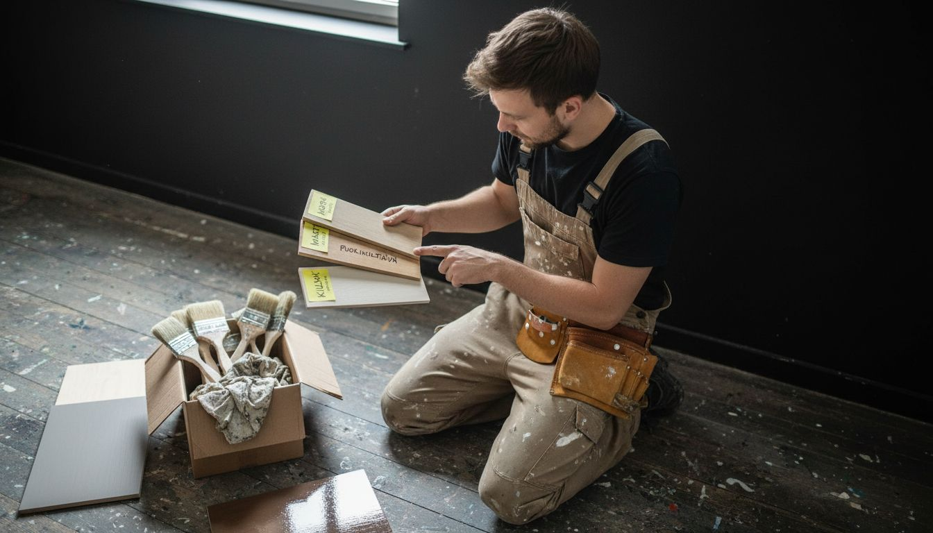 Maalari vertailee erilaisia mustan maalin pintaviimeistelyjä.