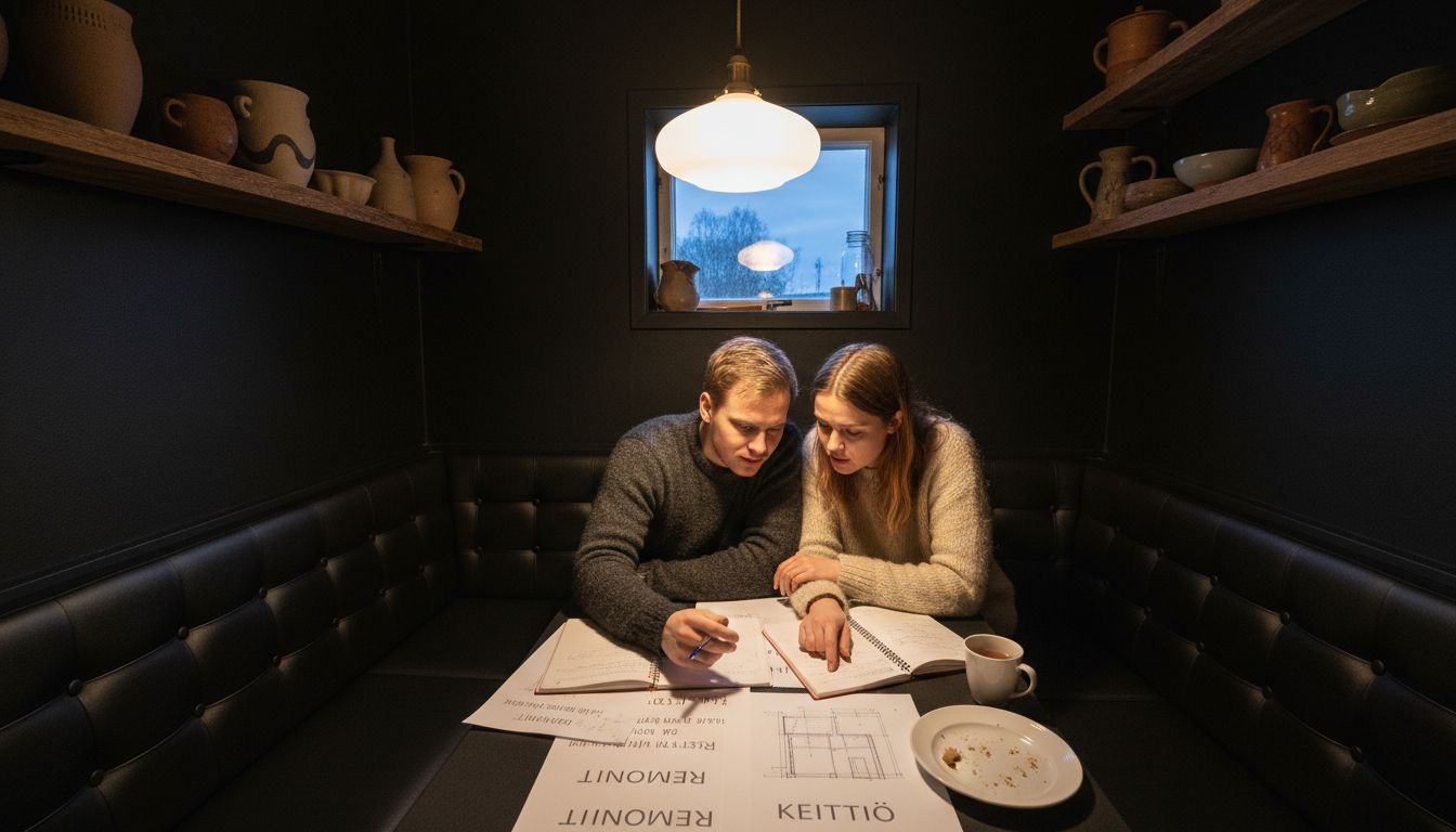Pariskunta viihtyy mustasävyisessä ruokailunurkkauksessa.