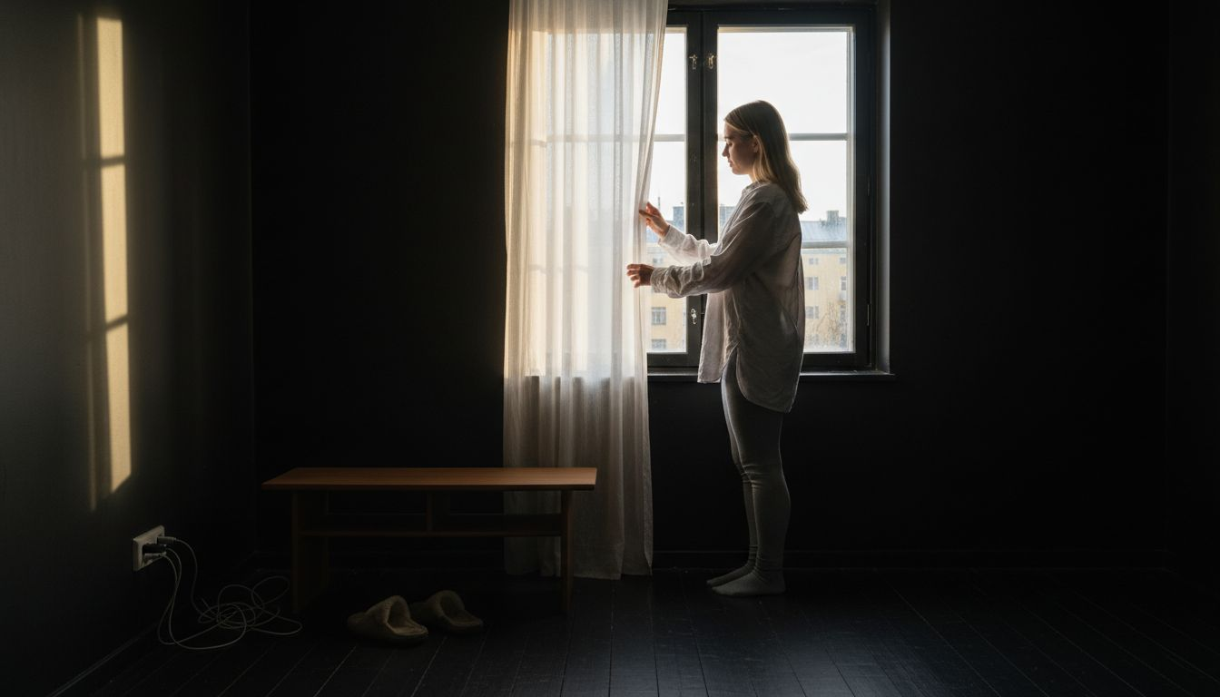 Nainen suoristaa verhoa tummasävyisessä huoneessa.