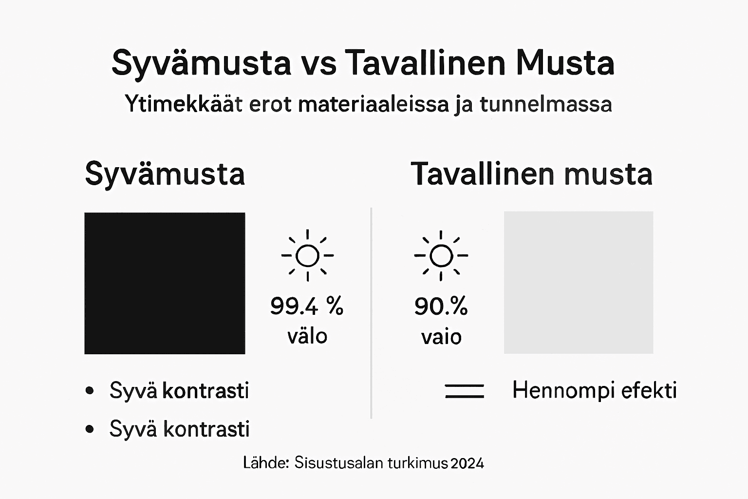 Havainnollistava kuva, jossa vertaillaan syvänmustia materiaaleja tavallisiin materiaaleihin