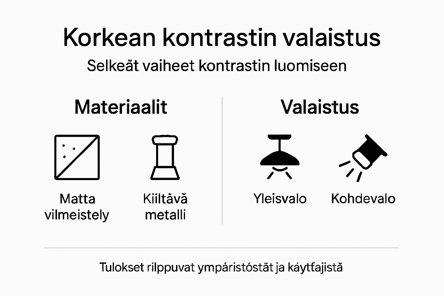 Havainnollistava infografiikka, joka opastaa kontrastikkaan valaistuksen saloihin vaihe vaiheelta.