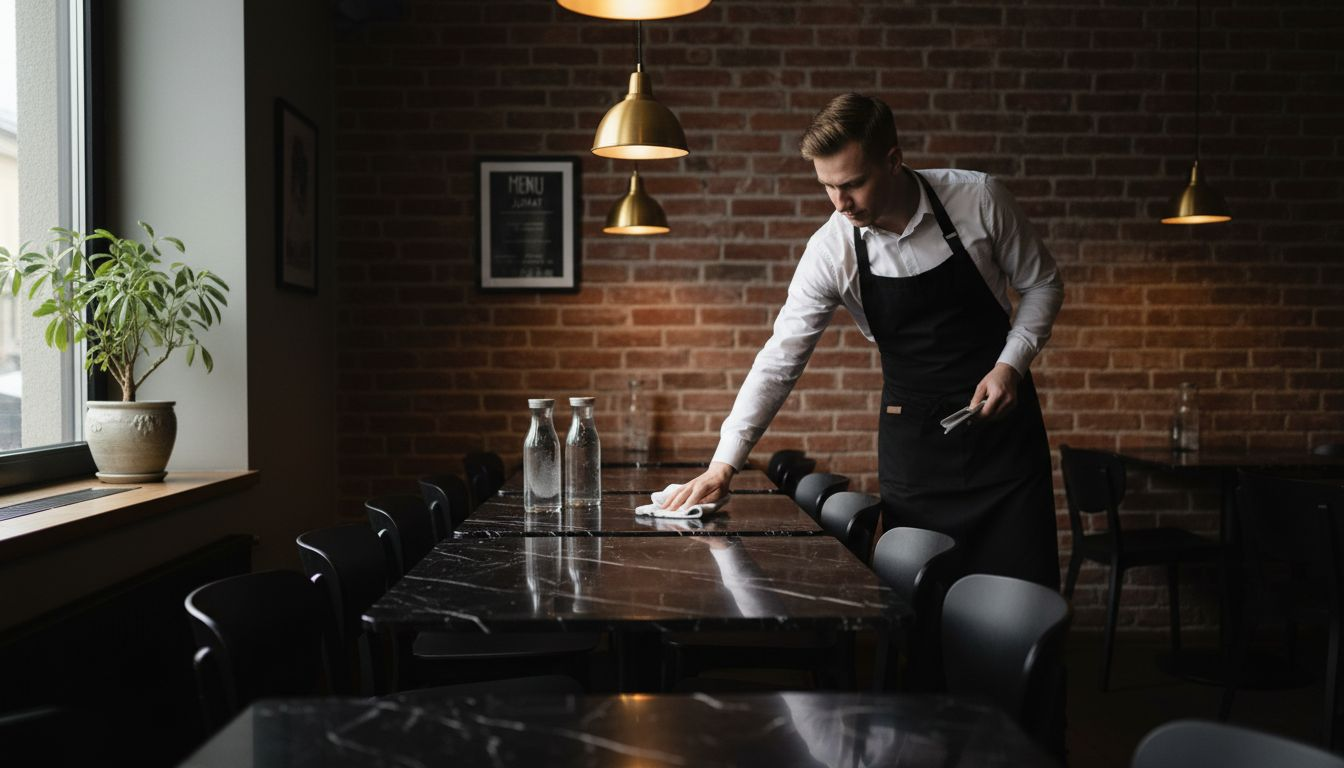 A waiter wipes a table in a stylish, black-themed restaurant.