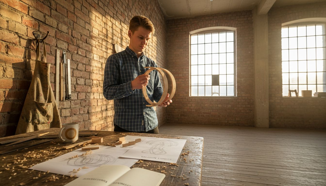 Projektant bada lampę wykonaną z brzozy w swoim studio.