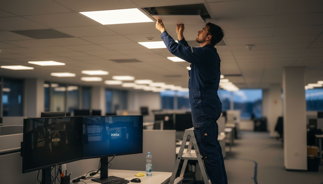 An installer is attaching an LED light panel to the office ceiling.