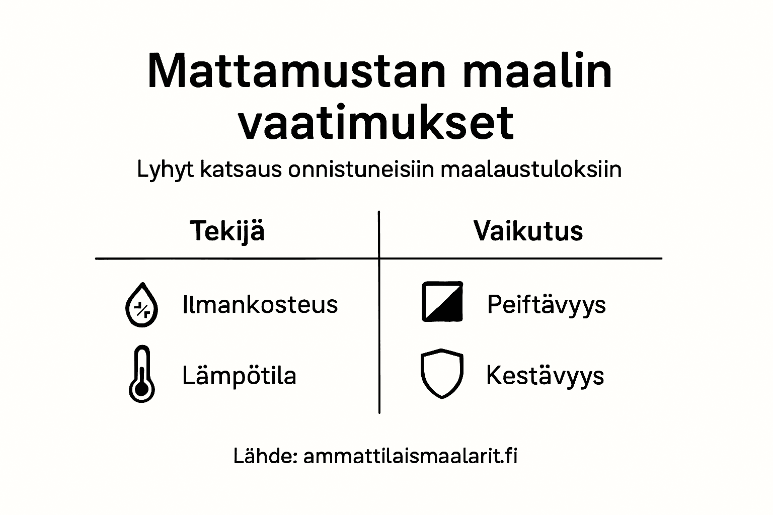 Infografiikka mattamustan maalin teknisistä ominaisuuksista ja vaatimuksista