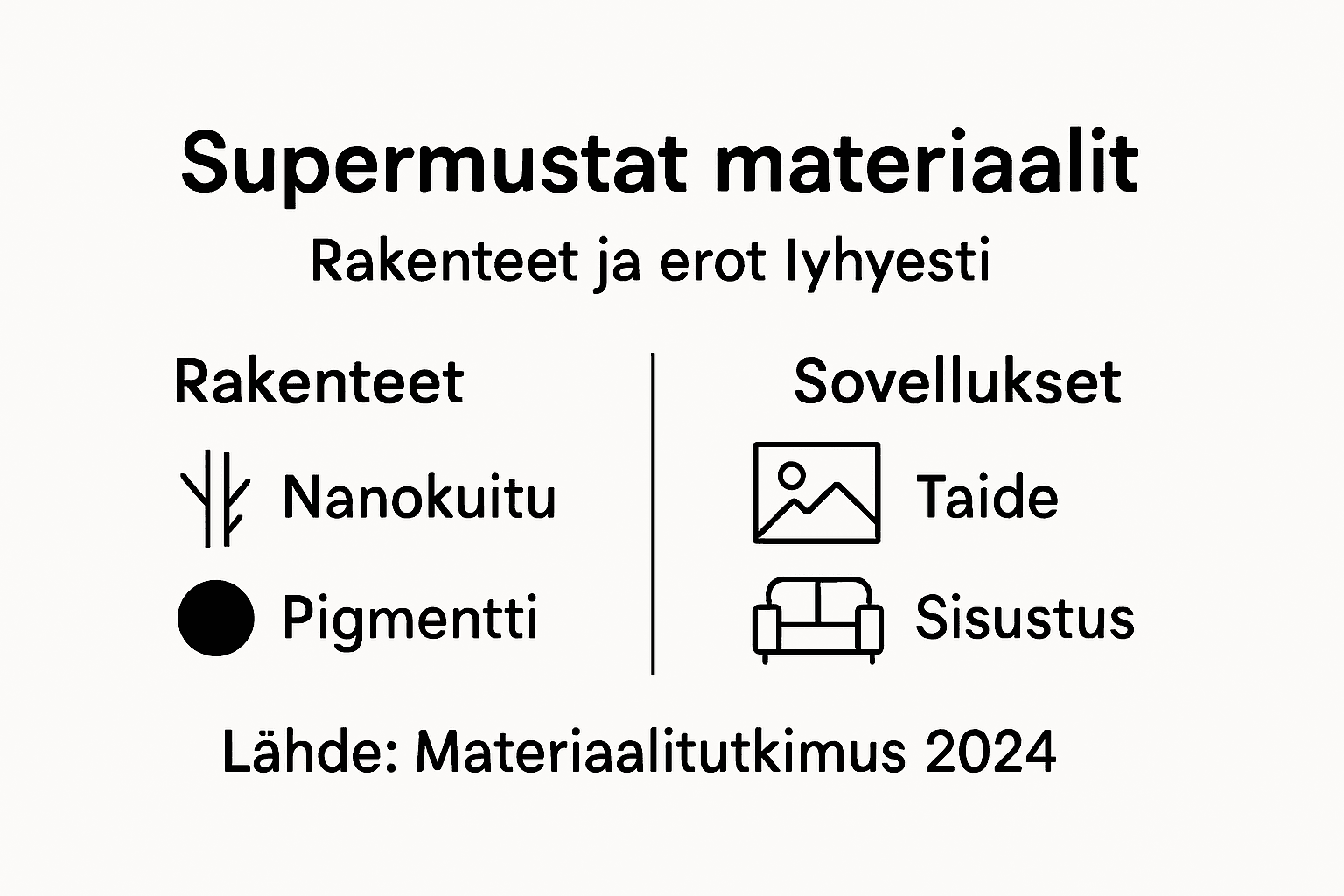 Havainnollistava kuva supermustien materiaalien rakenteista ja niiden eroista