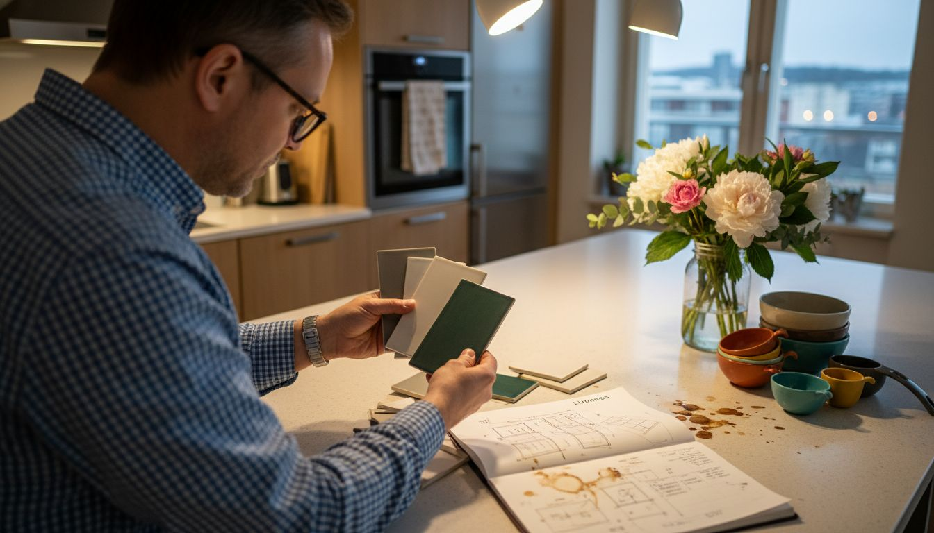 Suunnittelija kokeilee, miltä mattapintaiset laattamallit näyttävät erilaisessa valaistuksessa.