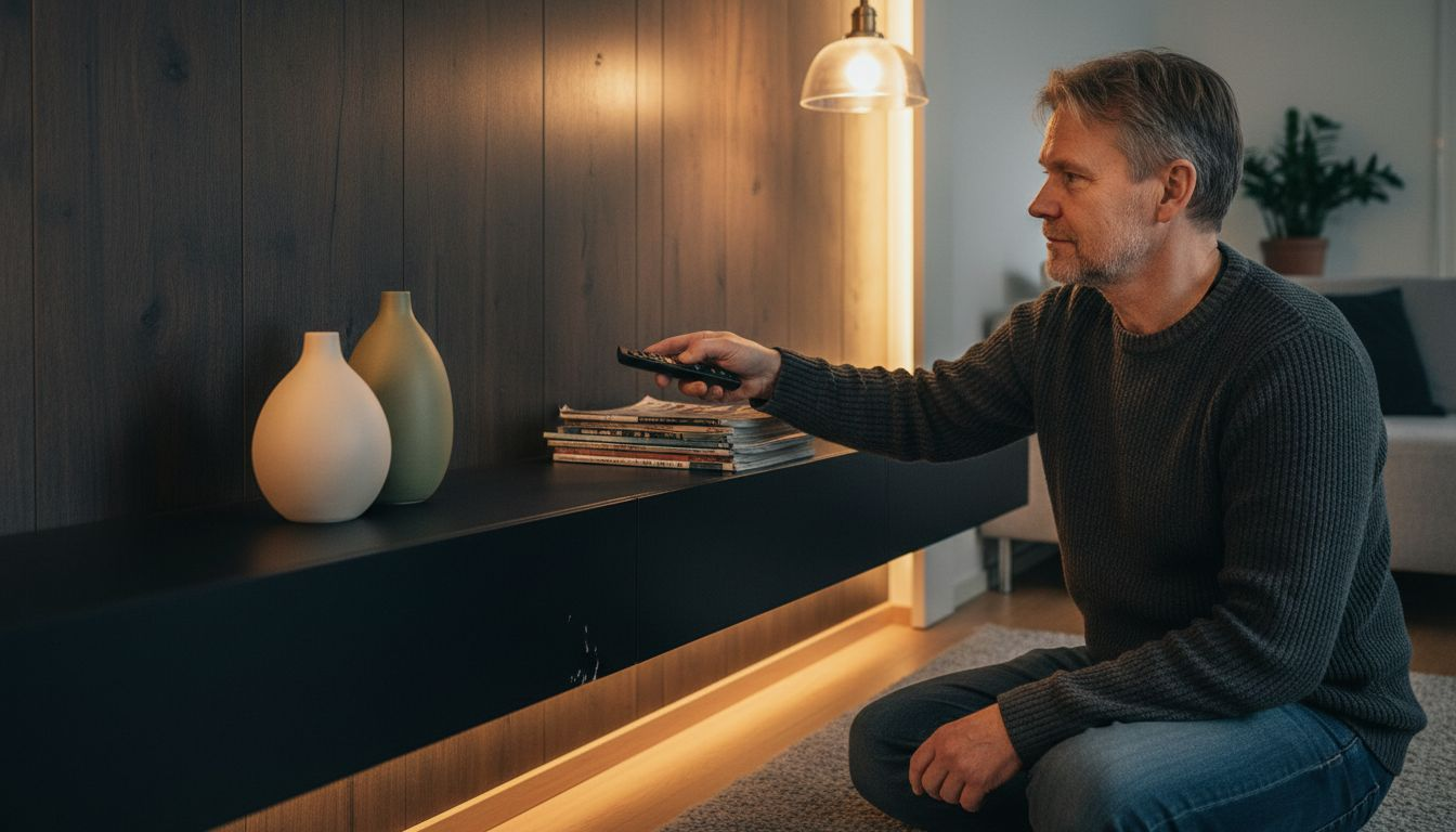 Mies säätää epäsuoraa LED-valaistusta kotonaan.