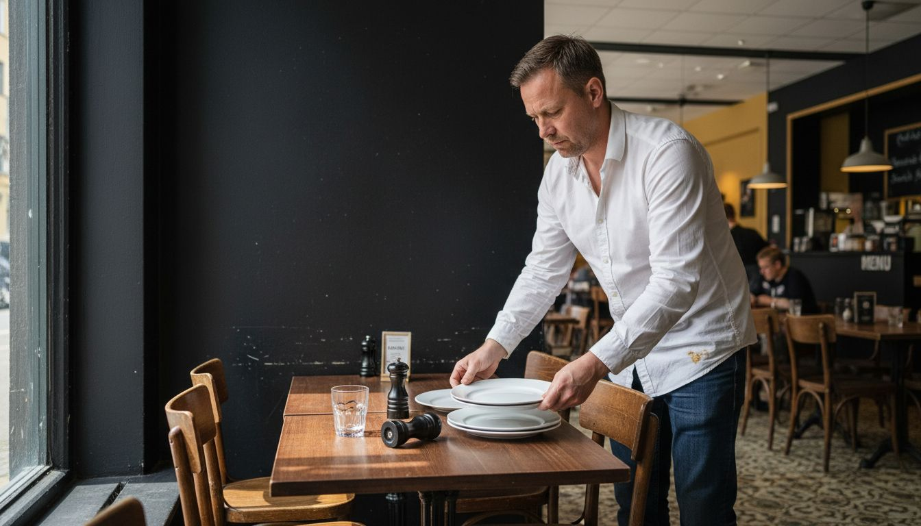 Ravintolapäällikkö seisoo mustaa tehosteseinää vasten