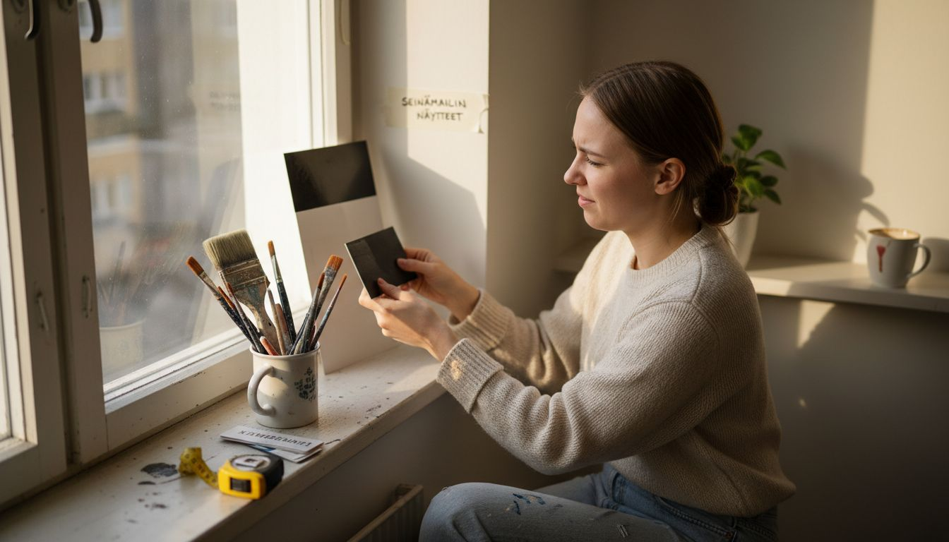 A woman compares a matte surface and a shiny surface.