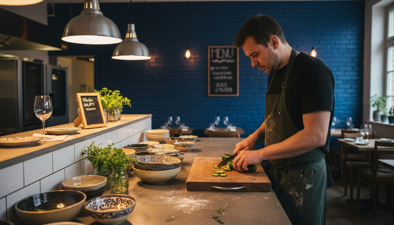 The chef conjures up delicacies in a colorful open kitchen.