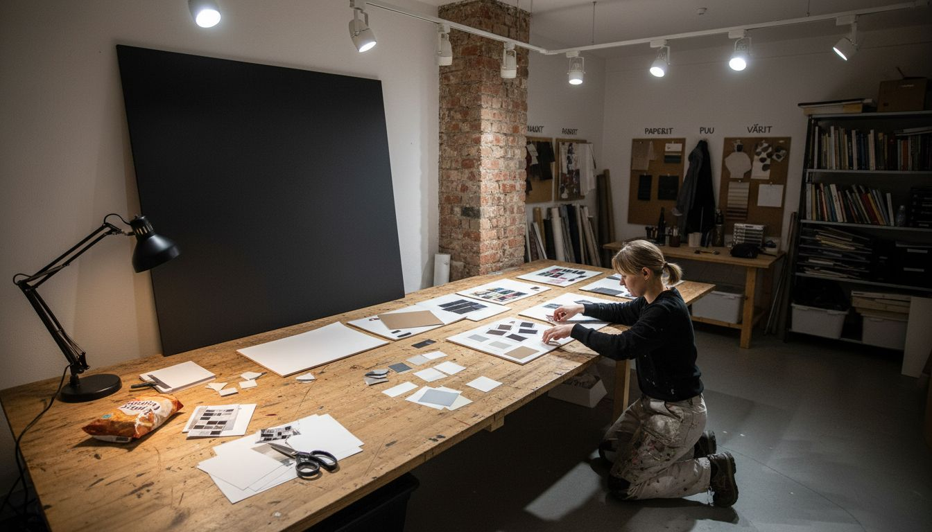 A designer works in a studio at a blackout panel.