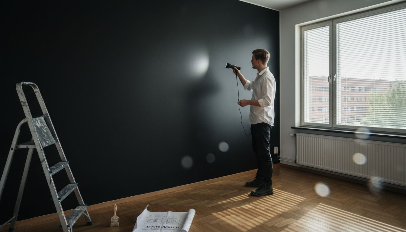 Arkkitehti tarkkailee, miten musta seinä imee itseensä valoa.