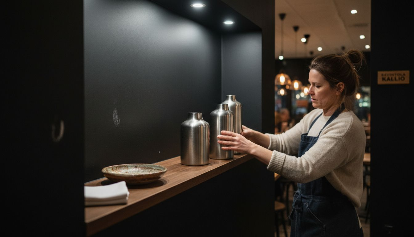 Nainen sommittelee maljakoita syvän mustan seinän edessä.