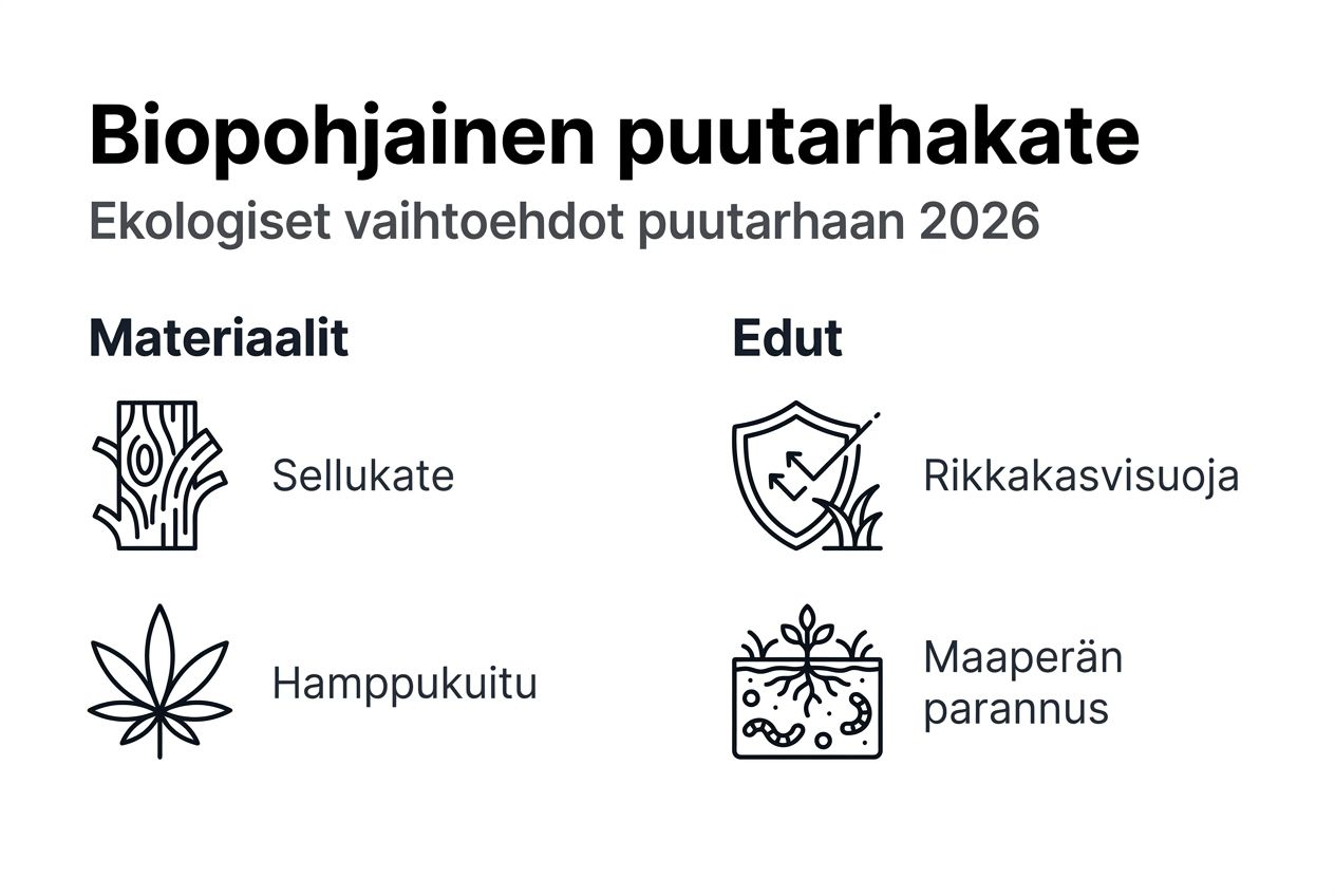 Kuvallinen katsaus biopohjaisiin vaihtoehtoihin puutarhan katteeksi
