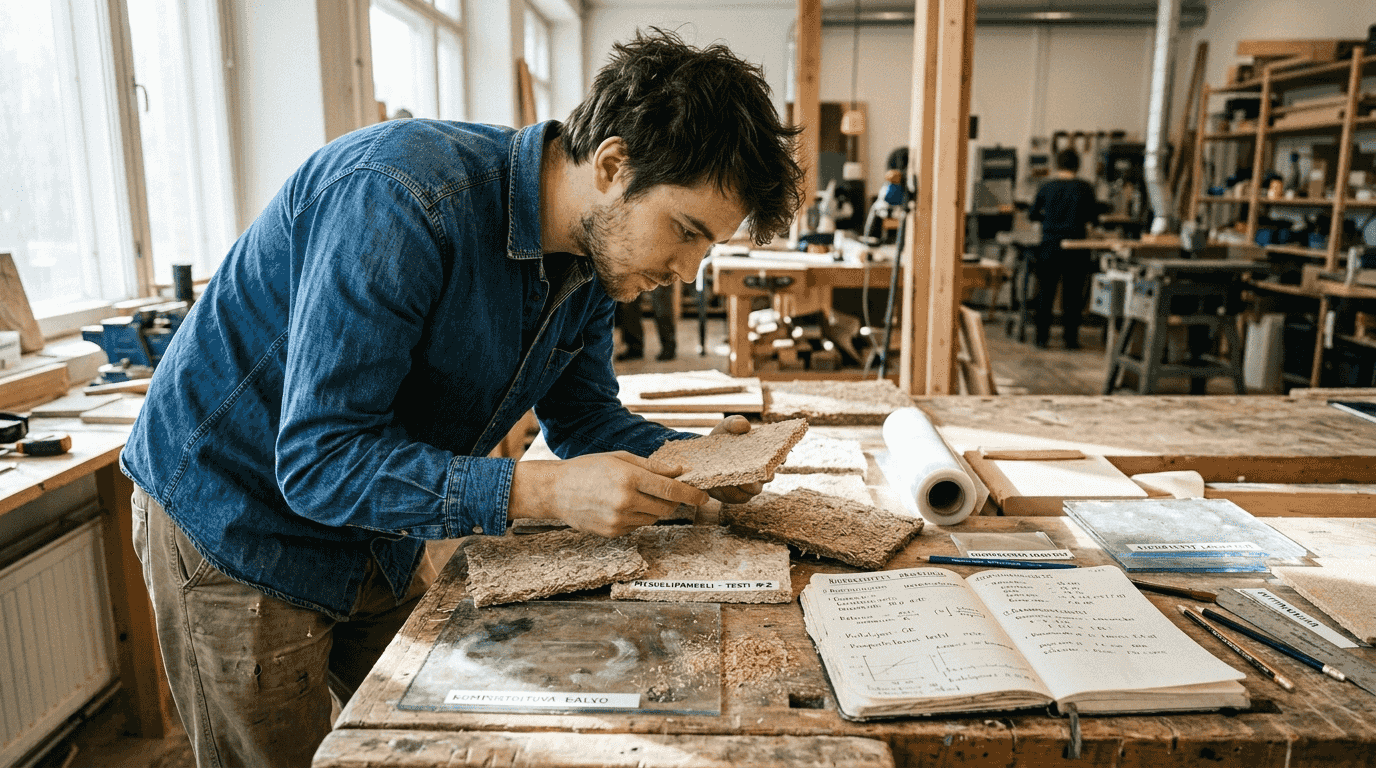 Architect experimenting with ecological materials in a bright workshop