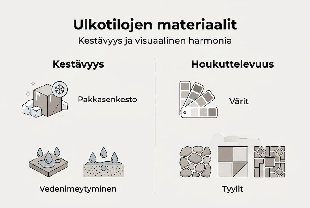 Infografiikka ulkotilojen materiaalivalintojen tärkeimmistä huomioista