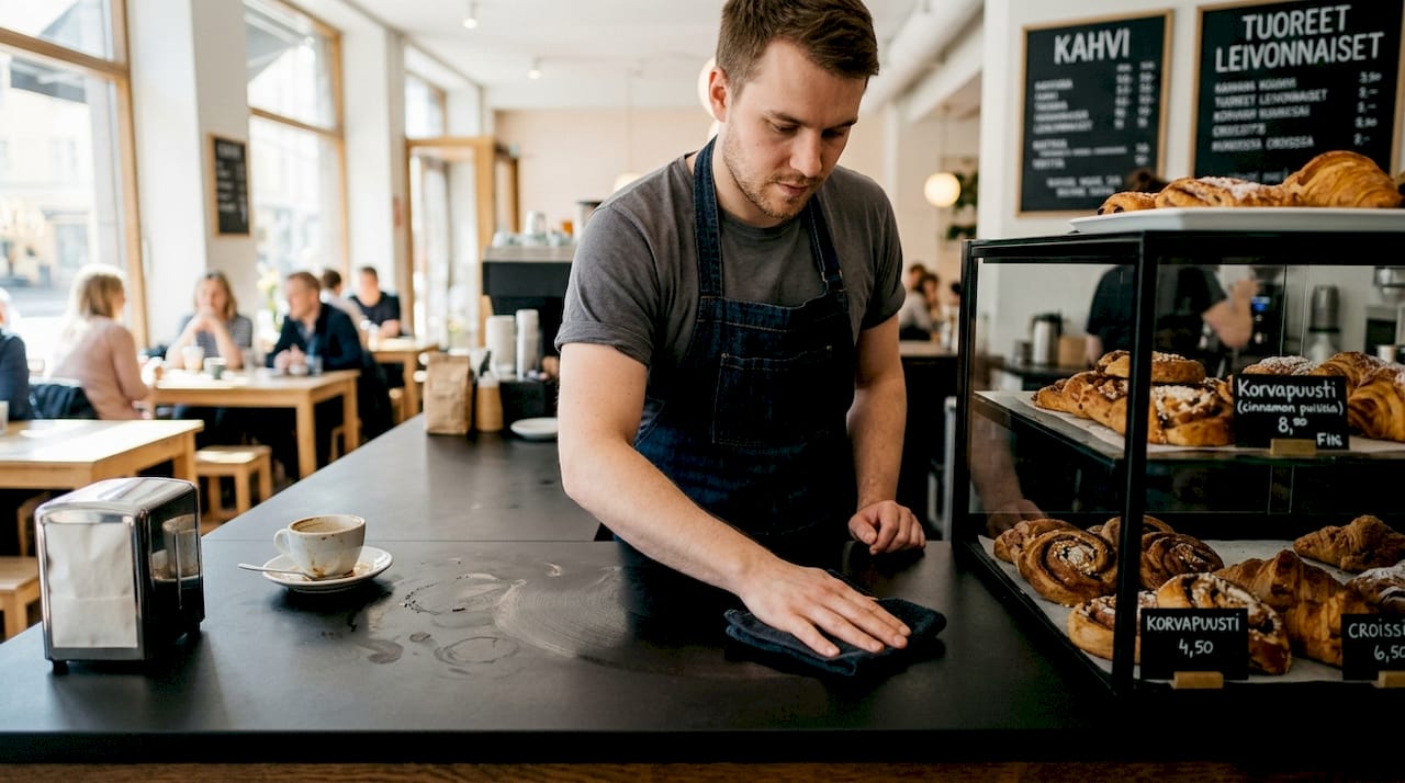 Barista pyyhkii kahvilan mattapintaista tiskipöytää puhtaaksi.