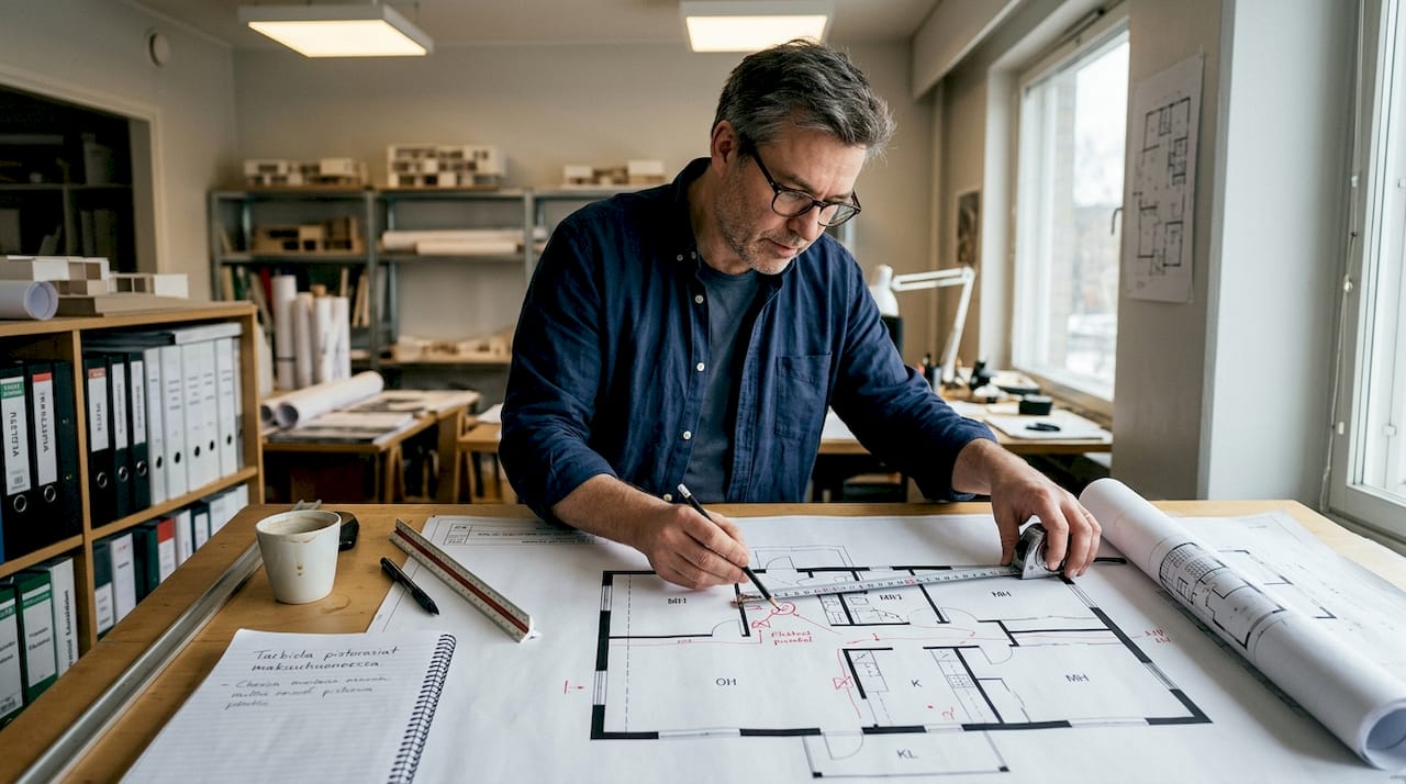 Arkkitehti tarkistaa pistorasioiden sijainteja suunnittelupöydän äärellä.