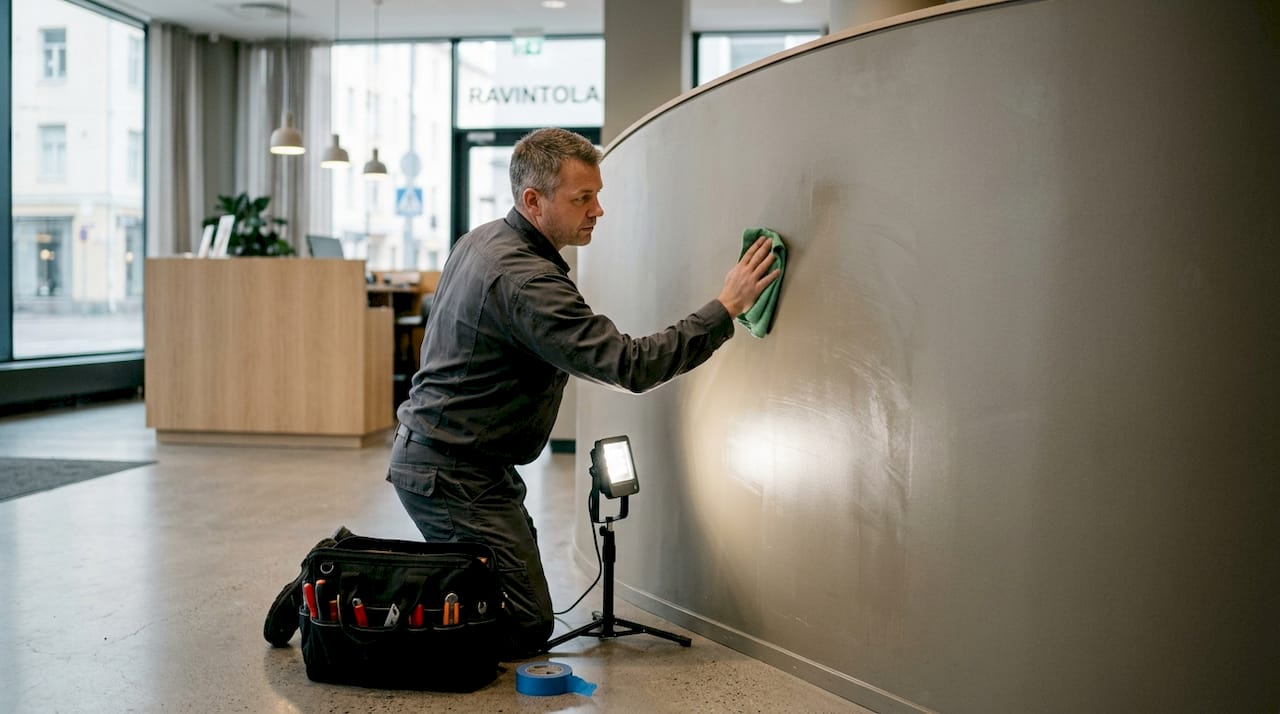 Technik czyści zakrzywioną ścianę restauracji pokrytą ALD.