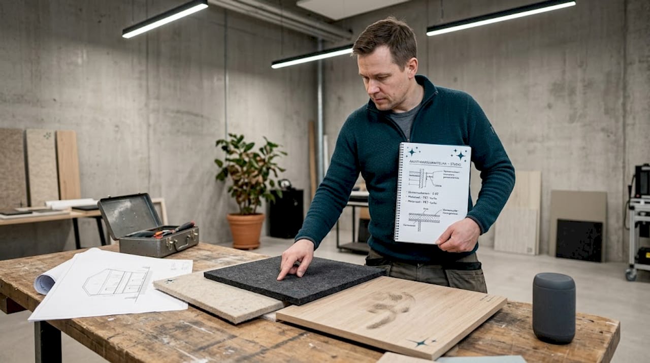 Arkkitehti valitsemassa akustiikkamateriaaleja toimistollaan