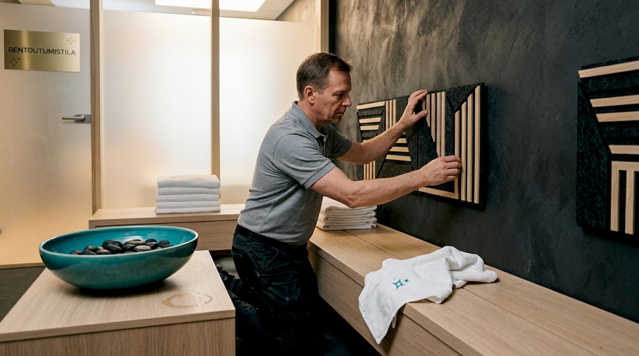 Pracownik regulujący panel akustyczny w strefie spa.