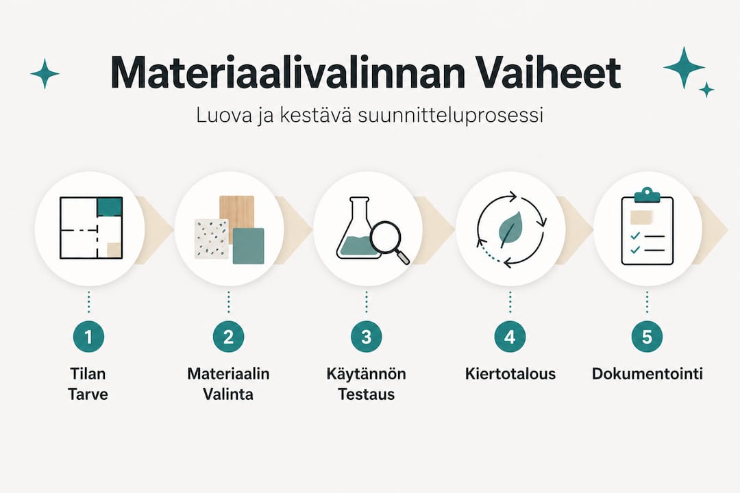 Infografiikasta käy ilmi, miten luovan työn materiaalit syntyvät vaihe vaiheelta viidessä eri osassa.
