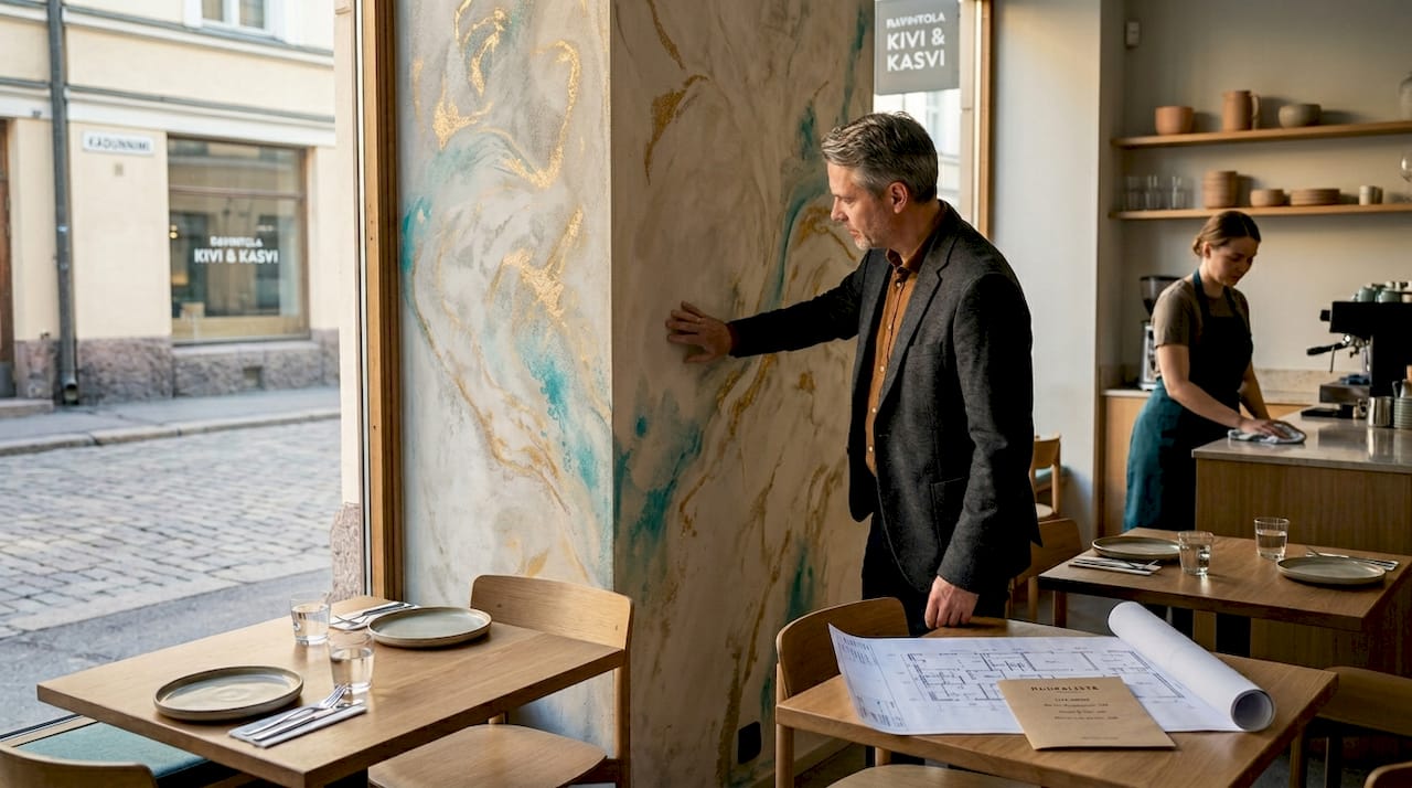 Restaurant manager examining the special paintings on the restaurant walls.