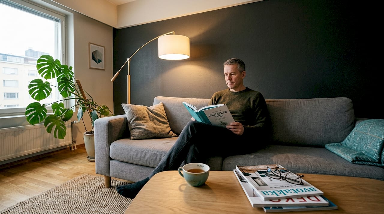 Mies uppoutuneena kirjan pariin olohuoneessa, jossa valon ja varjon leikki luo voimakkaan tunnelman.