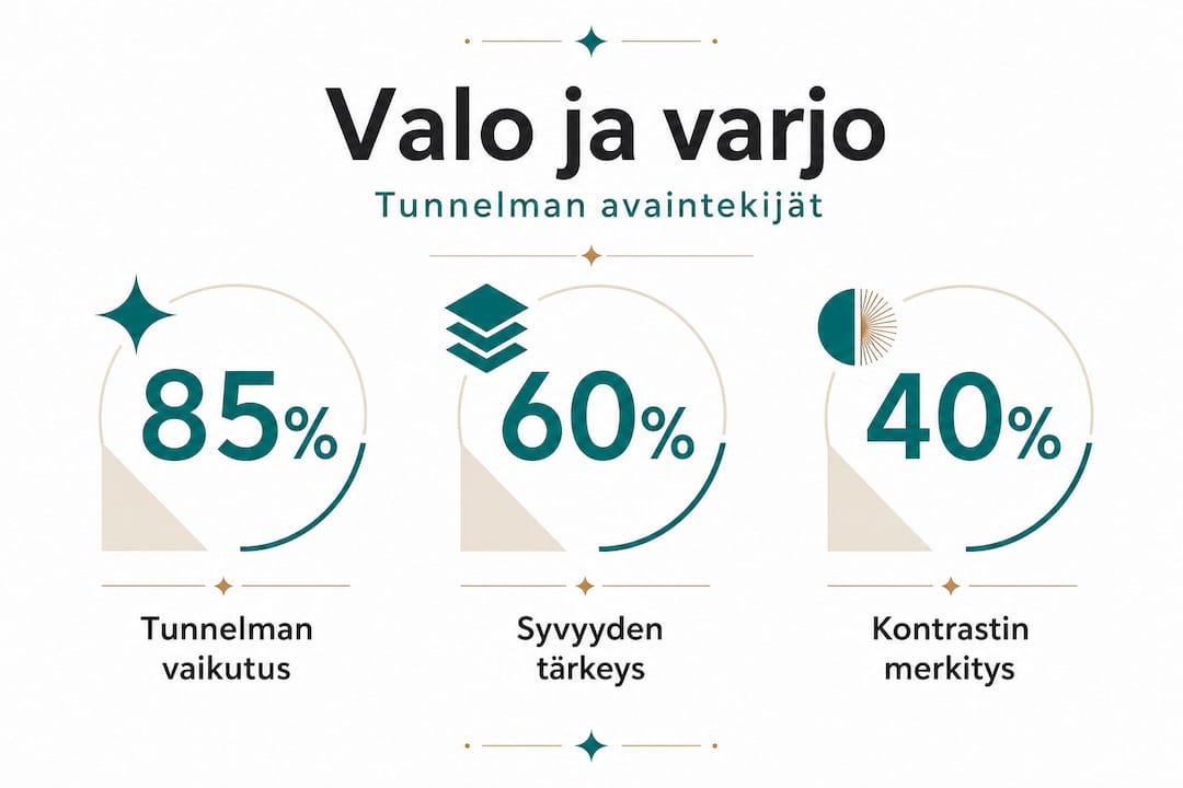 Infografiikka, joka havainnollistaa valon ja varjon merkitystä tilastojen avulla
