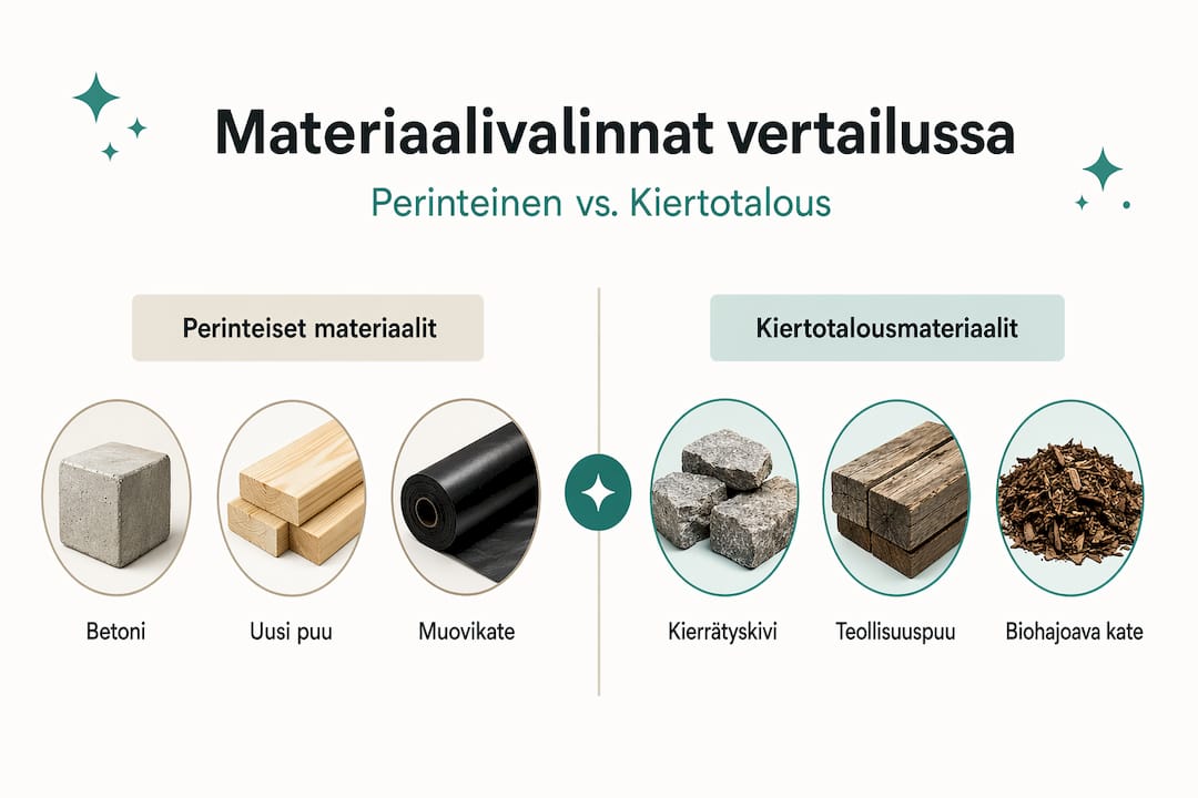 Infografiikka havainnollistaa, miten perinteiset materiaalit ja kiertotalouden ratkaisut eroavat toisistaan puutarhan suunnittelussa.