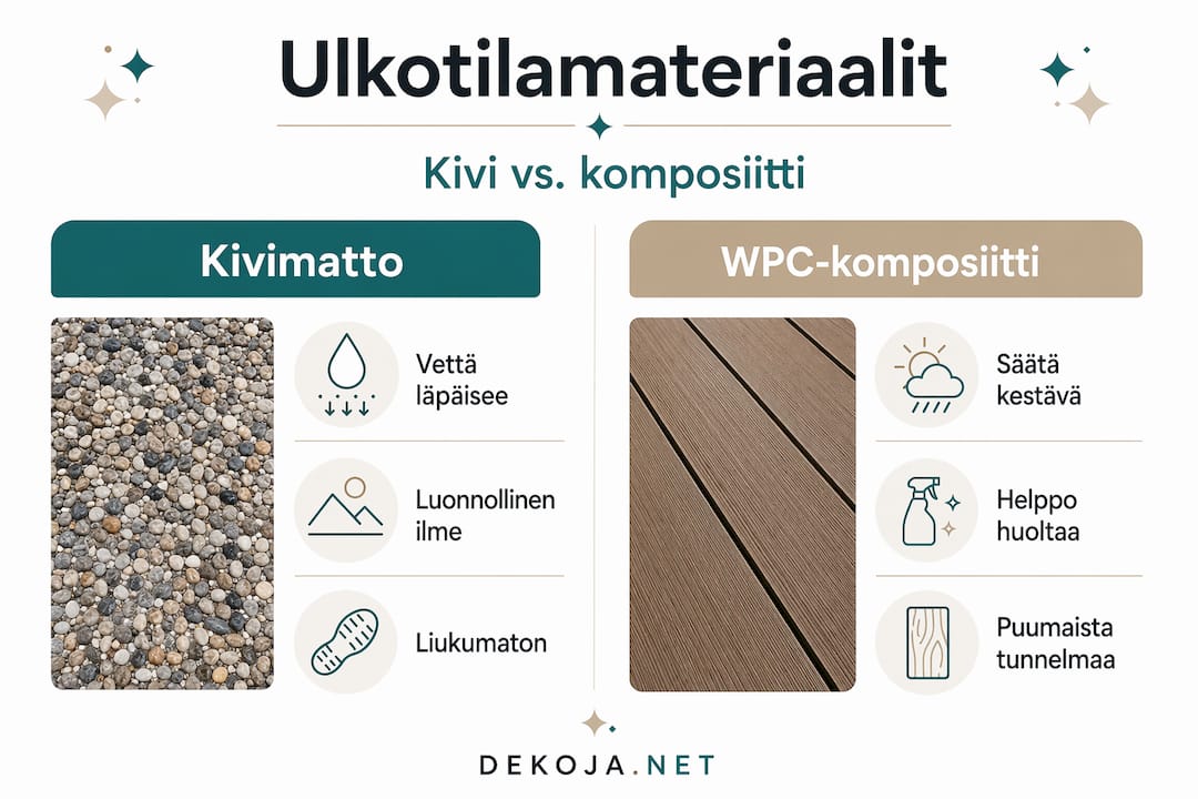 Kivimaton ja WPC-komposiitin vertailu terassi- ja piharatkaisuissa