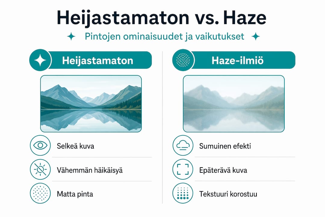 Infografiikka: heijastamaton pinta vai haze-ilmiö – mitä eroa ja miksi sillä on väliä?