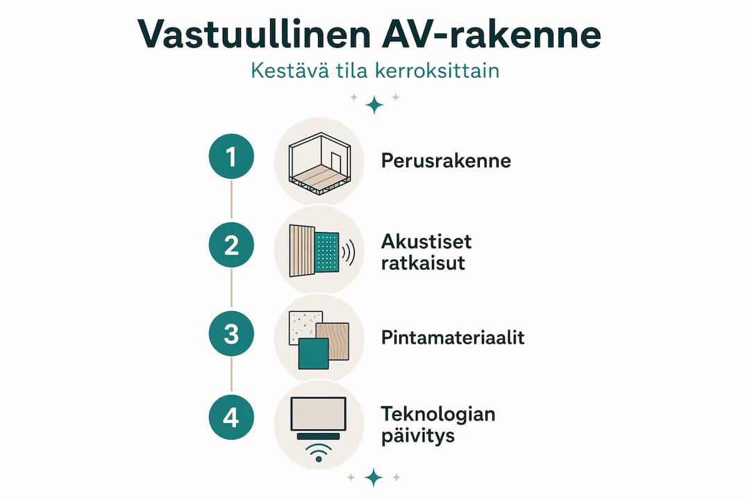 Havainnollistava kuva AV-tilojen vastuullisesta rakentamisesta vaihe vaiheelta