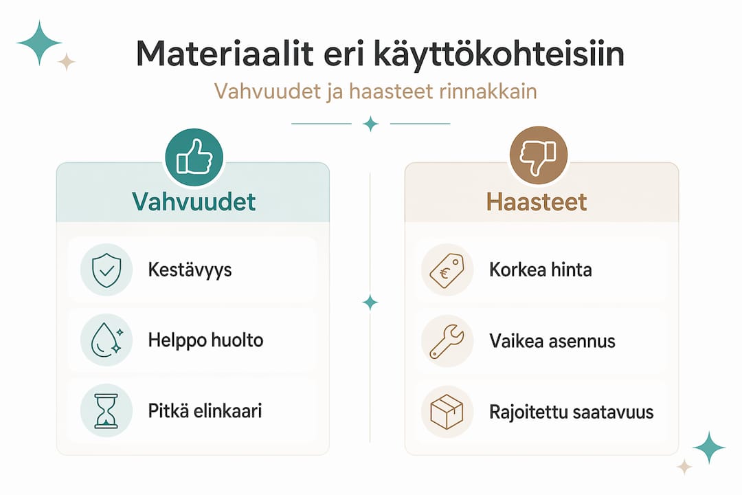 Havainnollistava kuva, jossa vertaillaan eri materiaalien vahvuuksia ja heikkouksia.