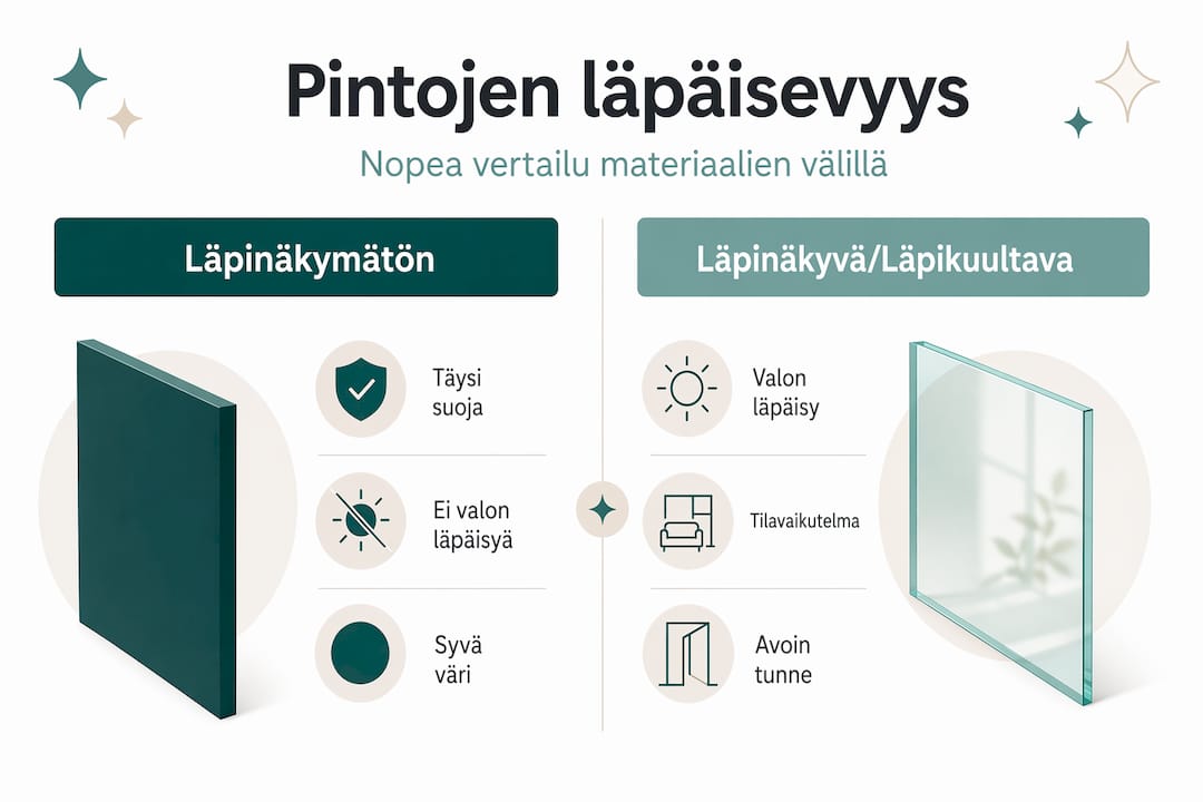 Havainnollistava kuva, jossa vertaillaan läpinäkymättömiä ja läpinäkyviä pintoja