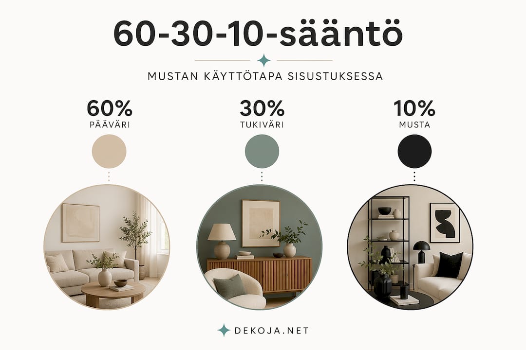Infograafi: Näin hyödynnät mustan sävyä 60-30-10-säännön avulla – vaihe vaiheelta