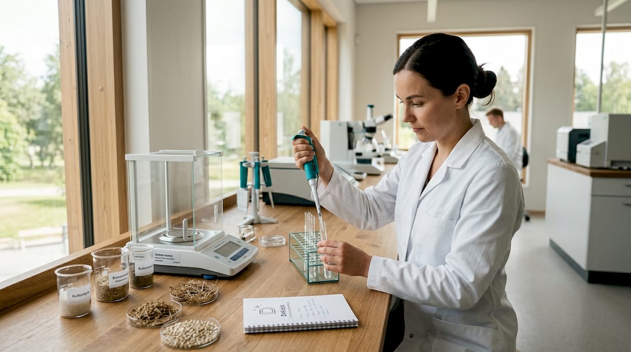 Tutkija työskentelee laboratoriossa biopohjaisten materiaalinäytteiden parissa.