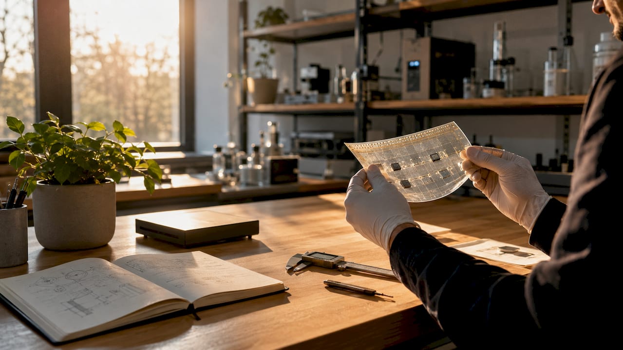 Laboratoriossa tutkijat testaavat älymateriaalia käsin.