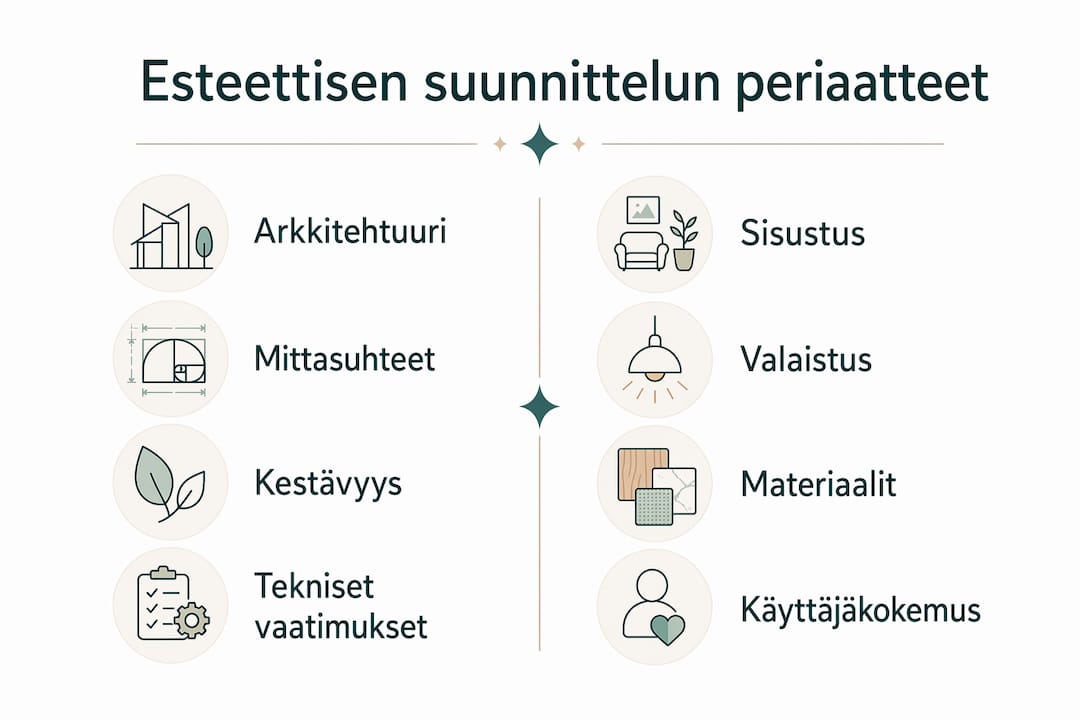 Infografiikka: Esteettisen suunnittelun kulmakivet arkkitehtuurissa ja sisustuksessa rinnakkain
