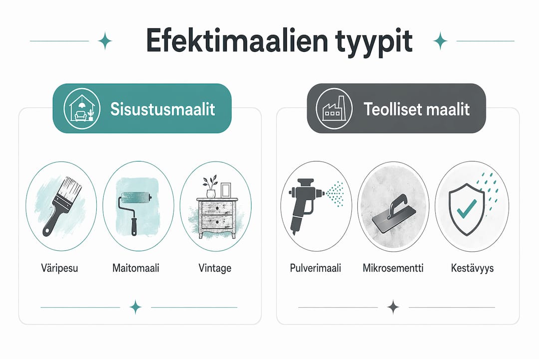 Kuvallinen katsaus erilaisiin efektimaalien ominaisuuksiin ja käyttötarkoituksiin