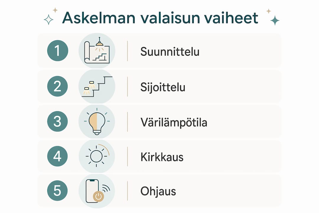 Kaaviokuva askelmien valaistuksen suunnittelun eri vaiheista