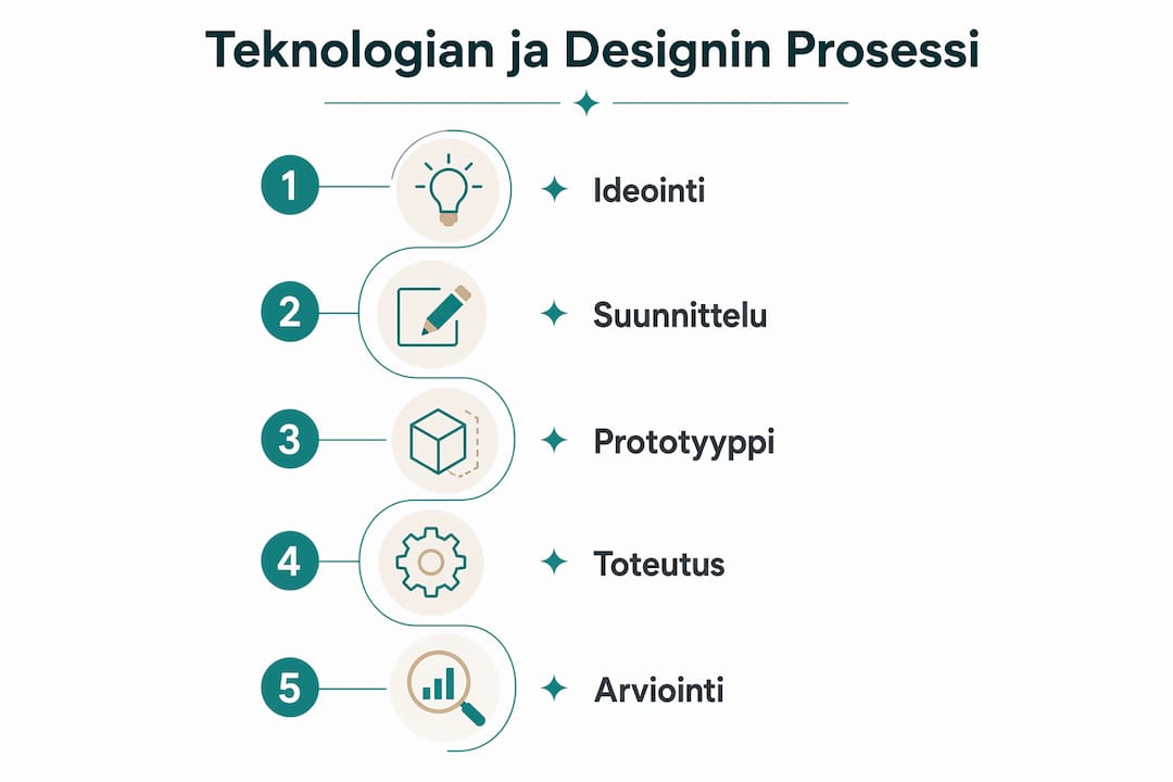 Havainnollinen infografiikka, joka esittelee teknologian ja muotoilun prosessin eri vaiheet.