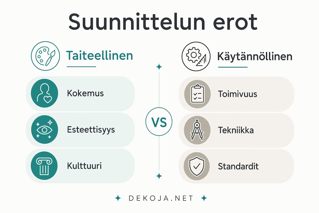 Kuvallinen katsaus taiteellisen ja käytännön suunnittelun eroihin