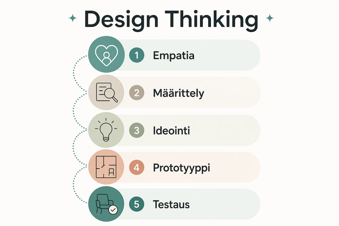 Infograafi: Design Thinking -prosessin vaiheet tilasuunnittelussa